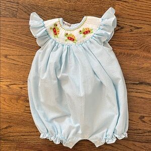 Light Blue Smocked Bubble Romper with Turtle Embroidery